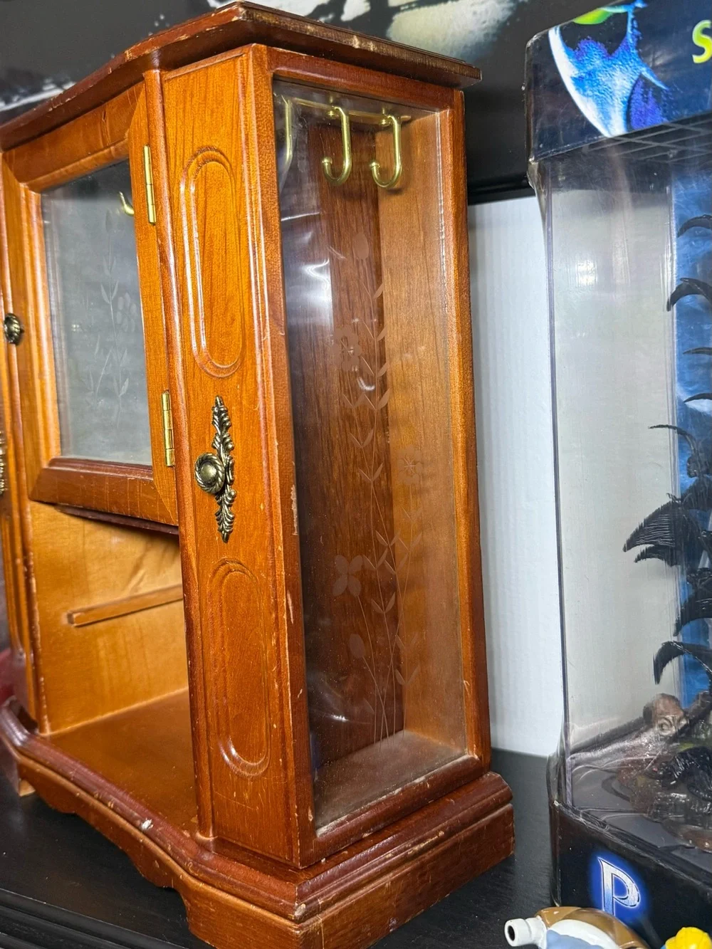 Vintage 1990s Wooden Jewelry Armoire Cabinet With Etched Flower On GlassCabinets